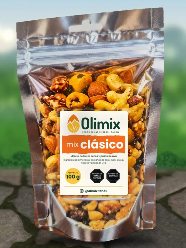 Doypack Olimix de 100 g con mix de frutos secos, cierre zipper y ventana transparente